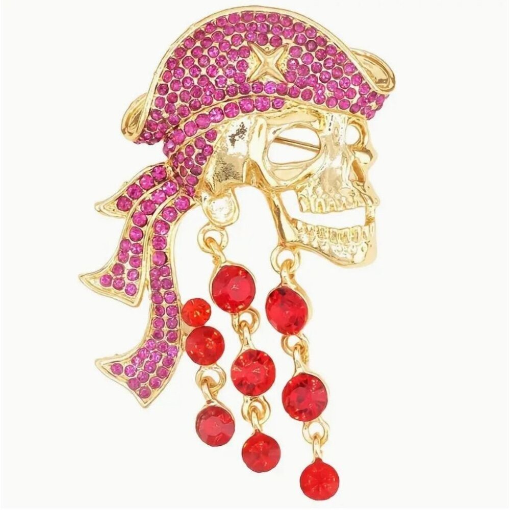 Betsey Johnson Brooch Pirate Buccaneer Pink Crystals Gold Tone